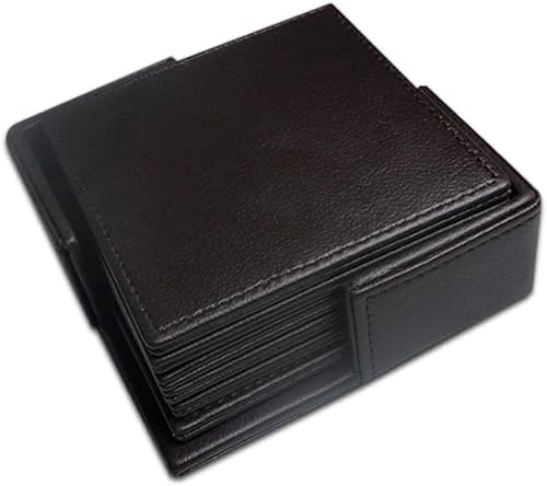Square Tea Coasters pack of 6 with holder for bar, home, office, Genuine/Real Leather, Non-Slip, Heat Resistant Coasters, bar coasters, Drink coasters. (Black)