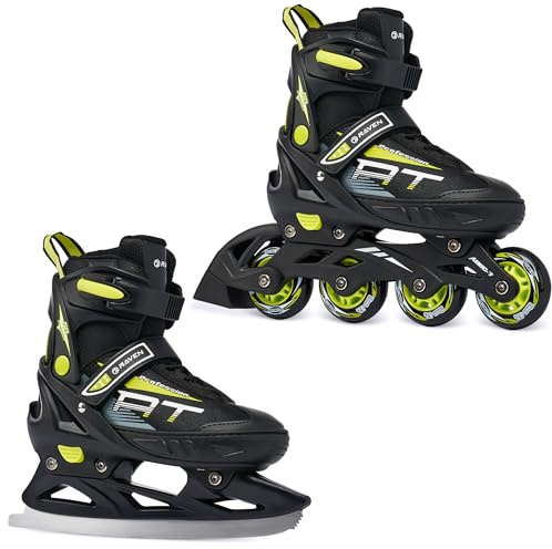 RAVEN Profession Inlineskates Inliner für Kinder und Erwachsene OPTIONAL 2in1 mit Schlittschuhen verstellbar (Black/Lime mit Kufen, 38-42 (25cm-27,5cm))