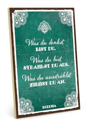 TypeStoff Holzschild mit Spruch – Ausstrahlung – im Vintage-Look mit Zitat als Geschenk und Dekoration zum Thema Hygge und Buddha - HS-01135