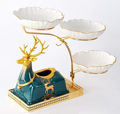 JUNYFFF 3 Pisos Cerámica Cesta De Frutas, Cuenco De Fruta 3 Niveles, (Frutero X3/ Soporte De Metal X1/ Caja De Papel X1) Fruit Basket para Decoración De Cocina, Verduras, Frutas, Aperitivos,Blanco