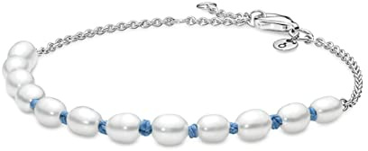 PANDORA Moments Armband mit Süßwasserzuchtperle Blaue Bandkette aus Sterling-Silber und Textil, Gr. 20, 591689C01-20