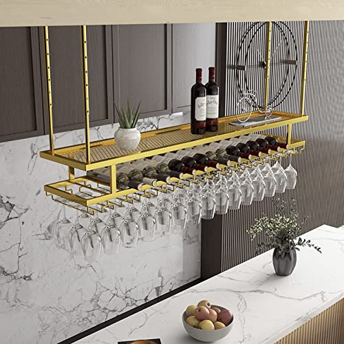 DASHADAO Hanging Wine Glass Rack-Ceiling Hanging Wine Rack Wine Glass Holder, 2 Layer Upside Down Wine Bottle And Goblet Stemware Organizer Racks/Storage Shelf/Decorative Shelf, Gold Home D