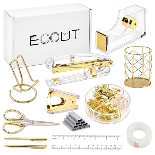 EOOUT Gold Office Supplies Set Desk Accessories, Acrylic Stapler Set Staple Remover, Phone Holder, Tape Holder, Pen Holder, 2 Ballpoint Pen, Scissor, Binder Clips, Ruler, Transparent Glue and Staples.