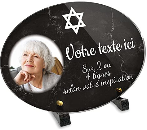 Plaque funéraire Ovale avec photo personnalisable en plexi motif Croix Juive, différentes tailles, épaisseur 6mm, personnalisée sur plusieurs lignes 30x20 cm