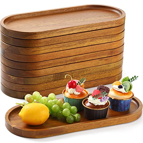 Rtteri 10 Pcs Mango Oval Wood Tray Wooden Server Platter Unbreakable Wooden Plates for Food Holder Dinner Plates for Display Fruit BBQ, Cheese, Sushi, Holiday Snacks, Dessert (13.8 x 5.8 x 0.75)