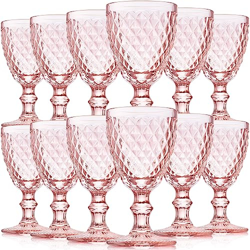 Lallisa Lot de 12 verres à vin rose vintage de 236,8 g en relief avec tige haute transparente pour mariage, banquet, fête, bar, usage quotidien