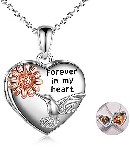 JERWLI Herzförmige Medaillon Kette Silber 925 Sonnenblumen Kolibri Foto Medaillon Halskette Schmuck Geschenk für Damen Mädchen