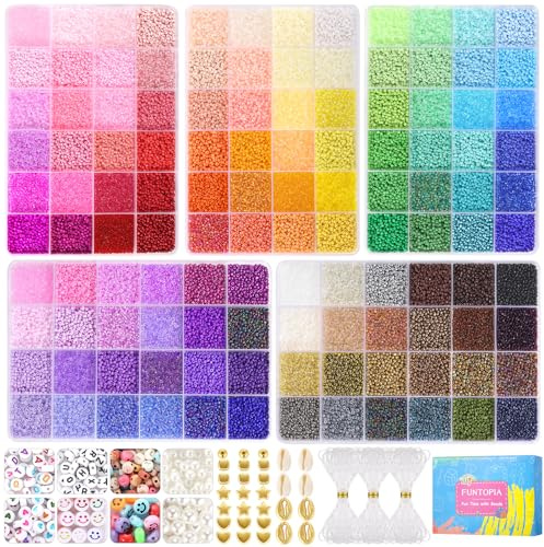 Funtopia 120 Colors 49000+ Glass Seed Beads Kit for Jewelry Making 2mm | Small Colorful with Letter Beads for DIY Art Craft for Girls Kids Adults