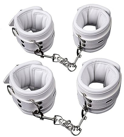 Hanyi Weiches Leder SM Handschellen Einstellbar Weiß Erotik Handfesseln/Fußschellen Bondage Set Sexspielzeug für Damen Männer