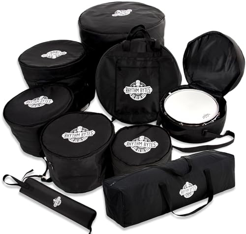 Rhythm Bytes 9-teiliges gepolstertes Schlagzeugtaschen-Set für das komplette Schlagzeug-Set – inklusive Taschen für 25,4 cm Tom, 30,5 cm Tom, 33 cm Tom, 40,6 cm Tom, 35,6 cm Snare, 55,9 cm Bassdrum, 1