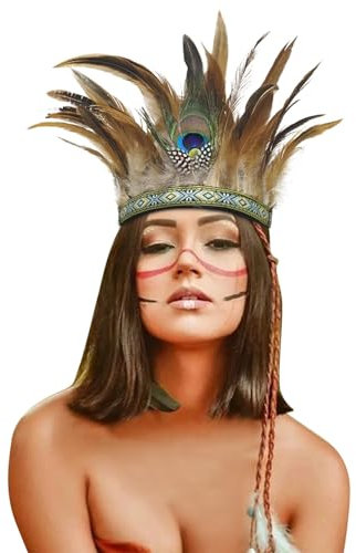 Faschingskostüme Damen Kinder, Stirnband Indianer mit Federn Damen Kinder Indianer Kopfschmuck Pfau Feder traditionellen Stil Nordamerikanischer Indianer Haarschmuck Karneval Fasching Haarband