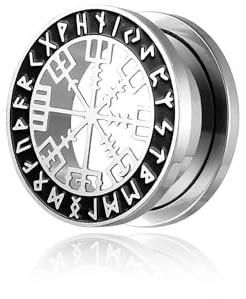 BlackAmazement 316L Edelstahl Flesh Ohr Tunnel Plug Piercing Vegvisir Aegishjalmur Aegishjalmr Wikinger Symbol Schreckenshelm Runen Kreis schwarz silber Biker Herren