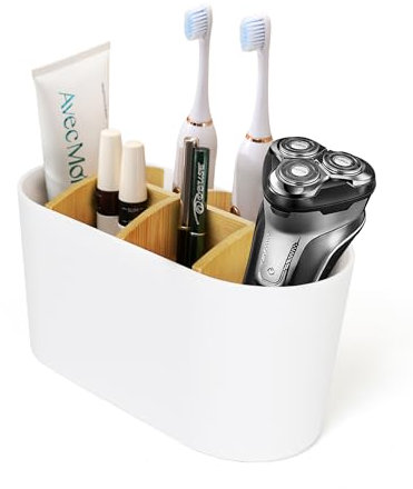 Zahnbürstenhalter, Kunststoff Toothbrush Holder mit Bambus Trennwänden, Zahnbürstenständer mit 4 Zahnbürstenfächer +2 Aufbewahrungsschlitz, Elektrische Zahnbürste Organizer für Bad Büro Familie