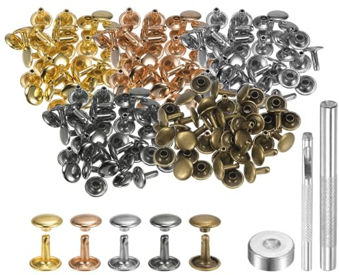 QUARKZMAN 100 Sets 10mm x 10mm Leder Nieten Doppelkappe Nieten Mehrfarbig | Metall, Tubular Runde Druckknöpfe, mit 3 Stück Werkzeugen, für Handwerk Reparatur Dekoration, Gürtel Kleidung