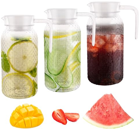 WOPPLXY Lot de 3 pichets à eau en plastique transparent de 1 litre avec couvercle - Incassable - Pour limonade glacée, thé, café