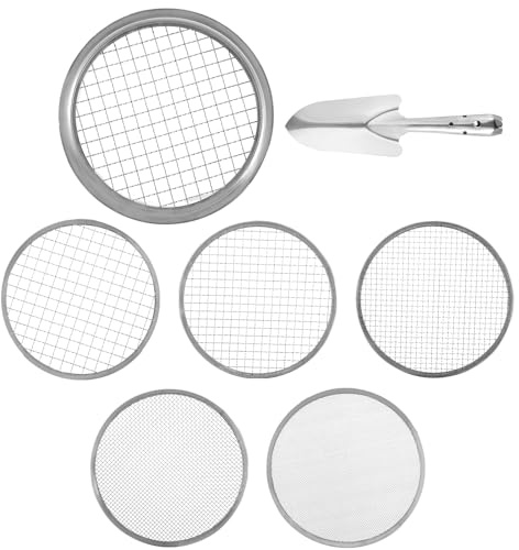 NIHUIFDPY Garden Sieve Metal 9.45inch Diameter Interchangeable Garden Riddle Mesh Sizes 1/3/6/9/12mm Stainless Steel Gardening Riddle Sieve Set with Shovel for Gardening Dirt Sand Soil Rocks