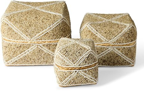 Karmagonia 3er Set Aufbewahrungsbox mit Deckel aus Bambus - handgemachte Boho Deko Boxen mit Perlen bestickt - Aufbewahrungskorb eckig, Deko Korb geflochten