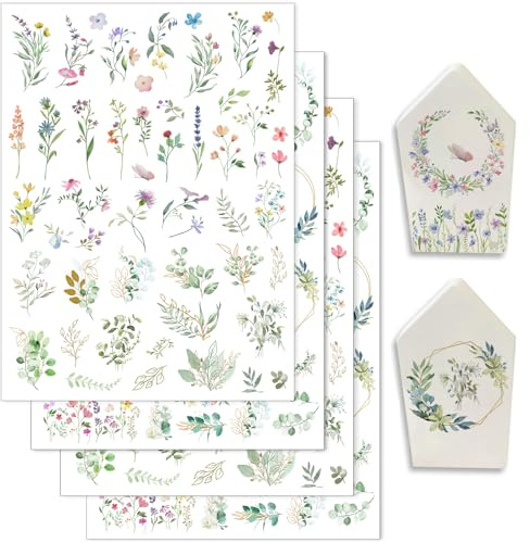 Hongma Rub On Sticker ca.A5 14x19cm Blumen Eukalyptus 4PCS Sprüche | Rub On Folie Rubons Aufkleber für Untersetzer DIY Transfers für Raysin für Keraflott Gips Möbel Glas Holz DIY Deko