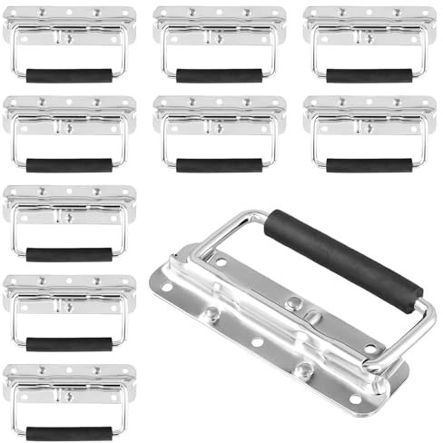 HEIYUET Lot de 10 poignées pliantes en acier inoxydable - 140 x 40 mm - Avec poignée en caoutchouc isolée - Poignées de caisse pliantes en métal pour caisses à outils, boîtes à outils