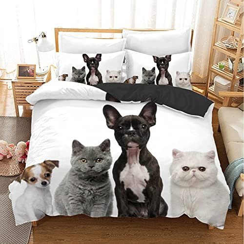 CHCHNXY Bettwäsche 200x200,Katzen Und Hunde 3 Teilig Weich Und Atmungsaktiv Bettwäsche-Set,Für Jugendliche Erwachsene 1 Bettbezüge Mit Reißverschluss Und 2 Kissenbezug 80x80cm