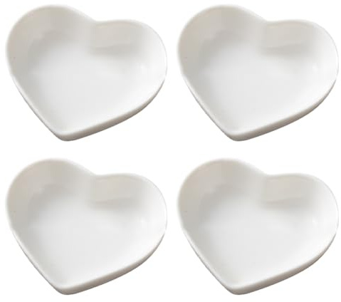 FSSTUD 4 Pcs Heart Shaped Ceramic Side Dish Small Porcelain Seasoning Bowls Soy Dipping Sauce Dishes Cute Appetizer Dessert Plates Sushi Vinegar Ketchup Bowls for Birthday Party White