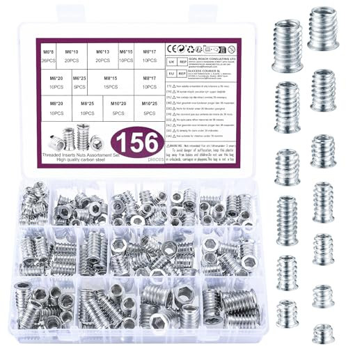 M6 M8 M10 Threaded Inserts for Wood, 156 Pcs Threaded Insert Nuts, Thread Inserts Nuts, White Zinc Hex Socket Screw Insert Rivets for Woodworking Furniture DIY, M6 M8 M10