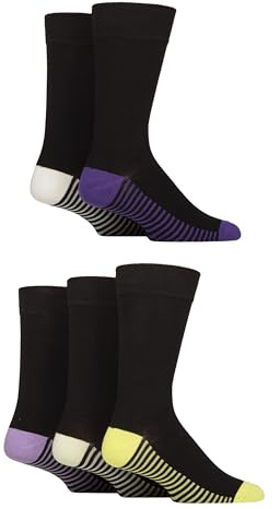 SockShop Wildfeet Men's Bamboo Socks - Plain, Patterned, Regular, Crew Length, Soft, Breathable, Cooling, 5 Pair Multipack Size 7-11 Striped Sole Purple/White/Lime