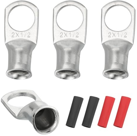 sourcing map 4pcs 2 AWG M12 Battery Lugs Ring Terminals, 1/2 12mm,Silver | Stud Crimp Wire,Terminal Connector End Copper, 3:1 Heat Shrink Tubing
