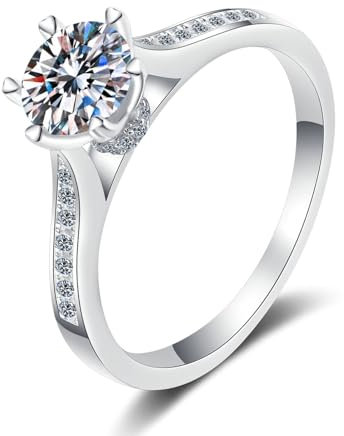 Tolldek 14 Karat Weißgold 585 Hochzeitsring, Klassiker Diamantring mit Labor Diamant 1ct VVS1, 14K Gold Ehering Vintage Damen Echtschmuck, Gr.48 (15.3)