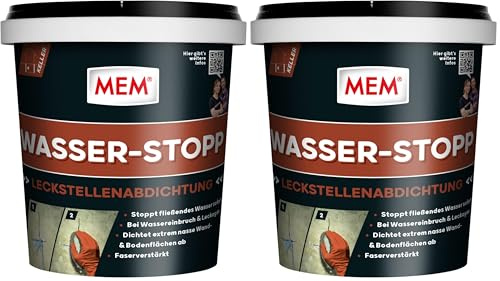 MEM Wasser-Stopp, Spezialzement für extrem nasse Wand- und Bodenflächen, Dichtet in wenigen Sekunden, Innen und außen anwendbar, Grau, 1 kg (Packung mit 2)