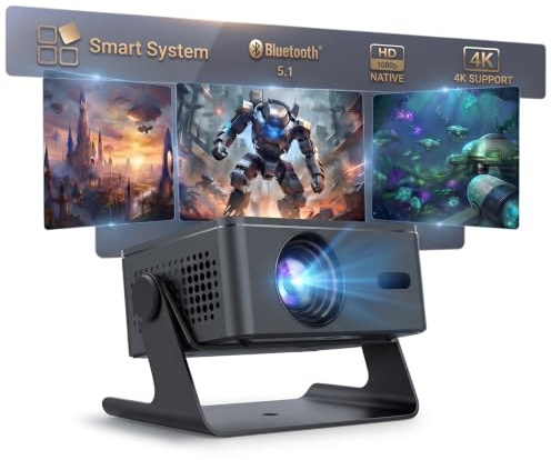 [Soporte 4K y enfoque automático] Proyector con WiFi y Bluetooth, proyector nativo 4K 1080P Keystone y zoom, altavoz de 20 W, proyector portátil ajustable de 180° para teléfono, laptop, dormitorio