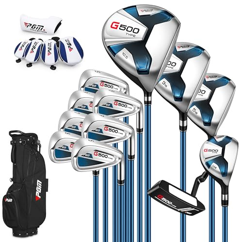 PGM G500 Men’s Golf Club Set – 12 Piece Complete Set with Titanium Driver, Fairway Wood, Hybrid, Stainless Steel Irons, Putter, Stand Bag & Headcovers – Beginner & Intermediate Friendly