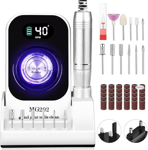 Trapano per unghie professionale 40000 giri/min, lima per unghie elettrica Urbuti 12 in 1 4000 mAh con display LCD (Bianco)