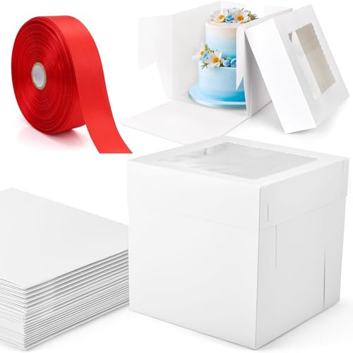 8 PCS Cake Box (10x10x10)&With 22M ribbon -Premium Quality Sturdy Cardboard 10 Inch Tall Cake Box with Lid for Carrying Wedding & Celebrations Decorative Tall Cakes -Easy Assembly with Lock Mechani