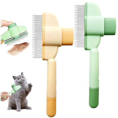 Yozexin 2025 Neue Fellblitz-BüRste Katzen, 2 Stück Fellblitz BüRste Katze, Selbstreinigender Kamm Mit AuslöSeknopf,Entfernt Knoten & Lose Haare, für Langhaar und Kurzhaarkatzen (Grün+Gelb)