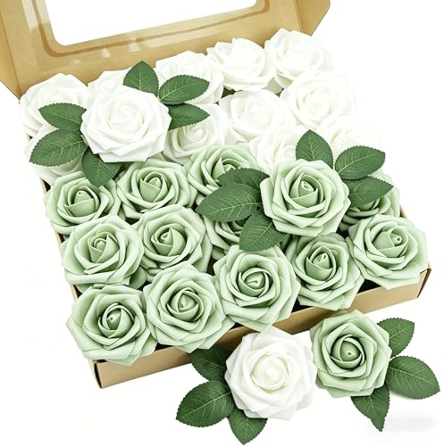 Artificial Flowers 25pcs Real Looking Sage Green and White Artificial Rose with Stems for DIY Wedding Bouquets Centerpieces Arrangements Bridal Shower Party Home Decorations