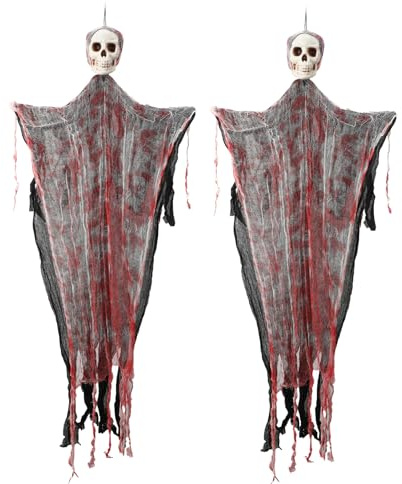 YoiAVRIG Addobbi Halloween Esterno - 2 Pezzi Fantasma e Scheletro Appesi (101cm), Decorazioni Spaventose per Giardino e Portone