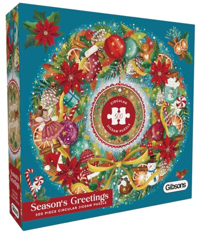 Gibsons Puzzle Circulaire de 500 pièces pour Adultes - Motif Couronne de Noël stimulante - Cadeau Festif - Respectueux de l'environnement - Planche 100% recyclée - Puzzle de qualité supérieure par