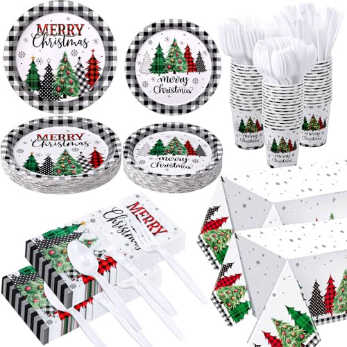 Ziliny 352 Pcs Christmas Buffalo Plaid Party Supplies Serve 50 Guests Christmas Paper Plates Cup Napkin Plastic Cutlery Tablecloth Holiday Disposable Tableware Set for Xmas Dinner Party Decoration