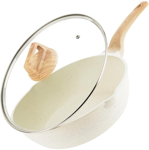 Homiu 28cm Non-Stick Deep Frying Pan with Lid for Induction, Gas, Ceramic & Electric Hobs – Lightweight Pan for Eggs, Pancakes, Omelettes & Everyday Cooking (White, 28cm)