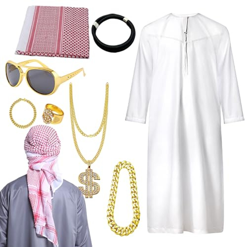 Monozoz Männliches arabisches Outfit | Naher Osten Dress Up Zubehör | Naher Osten männliches Outfit | Dress Up, Rollenspiel für Party, Karneval, Weihnachten, Bühnenauftritt, Themenpartys