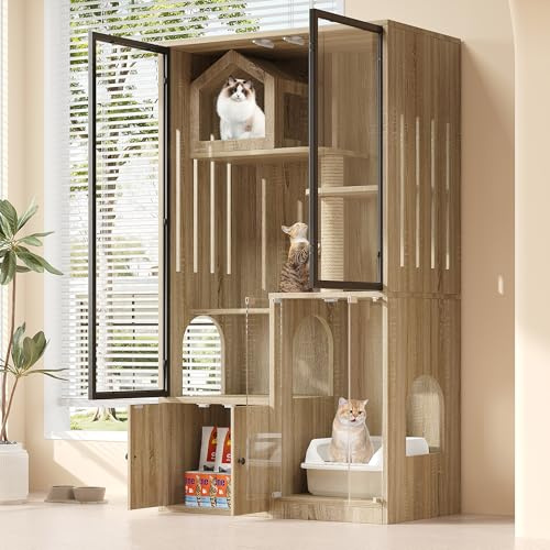 Casetta per gatti extra large in legno con pali tiragraffi, grande gabbia interna per gatti, villa per gatti con vetro temperato, recinzione per gatti a quattro piani, casetta per gatti resistente