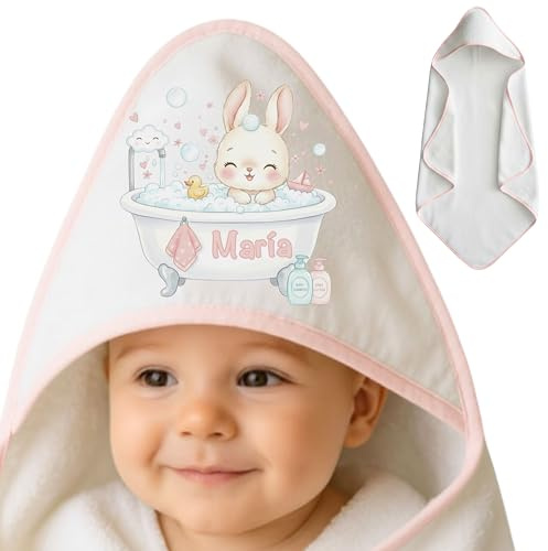 Personalisierbare Baby-Badetuch, 100 x 100 cm, Baumwollhandtuch für Neugeborene, personalisierbar mit Namen – originelle Geschenke für Babys – hergestellt in Spanien (rosa Hase)
