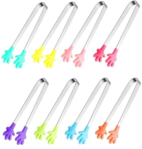 CNAFGBGG 8PCS Silicone Mini Tongs, 5Inch Hand Shape Food Tongs, Colourful Small Kids for Serving Food, Ice Cube, Fruits, Sugar, ..