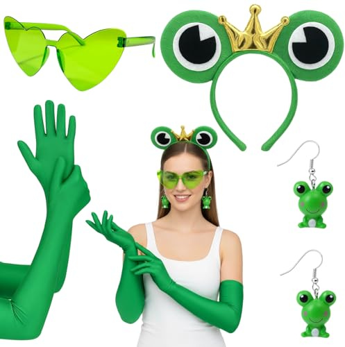 YceLon 4 Stück Frosch Kostüm Erwachsene,Froschkostüm Set mit Handschuhen, Ohrringen, Haarreif und Sonnenbrille, Froschkönig Kostüm Damen, perfekt für Karneval Kostümpartys und Themenveranstaltungen