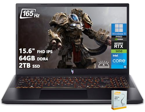 Acer Nitro V 15 Gaming Laptop | 15.6 FHD IPS 165Hz | Intel 8-Core i5-13420H | 64GB DDR4 2TB SSD | GeForce RTX 5050 DLSS4 (Up to 440 AI Tops) | Backlit Keyboard Win11 Pro w/DLCA Accessory