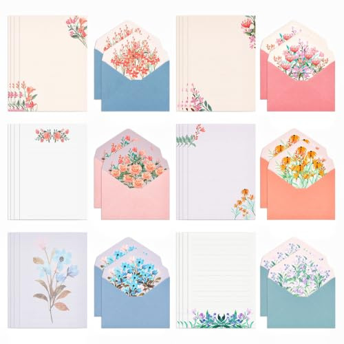 36 Stück Briefpapier mit Umschlag für Briefe, Liebesbriefe,Einladungen | 4 Blumen Briefpapier Liniert ,12 Briefumschlag, Schönes Briefpapier Set,für Hochzeiten, Geburtstage, Weihnachten,Thanksgiving