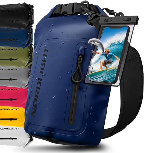 Nordlight Dry Bag Vattentät Väska med Mobilfodra+ Rullstängning, Axelrem | Drybag Vattentät Ryggsäck Packsäck Våtbag Packväska | Simning Strand Stå Upp Paddling Kanotpaddling - Navyblue, 10 Liter
