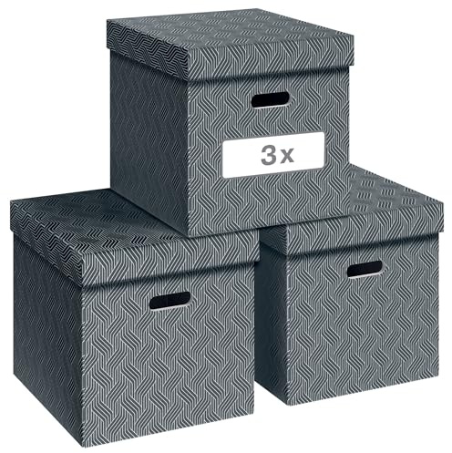 Leitz VON 3er Set Aufbewahrungsbox mit Deckel, 29 L, Cube, 100% Recyclingkarton, Geometrisches Design, Für Schule, Studium und Haushalt, Grau, 3 Stück, 61430085