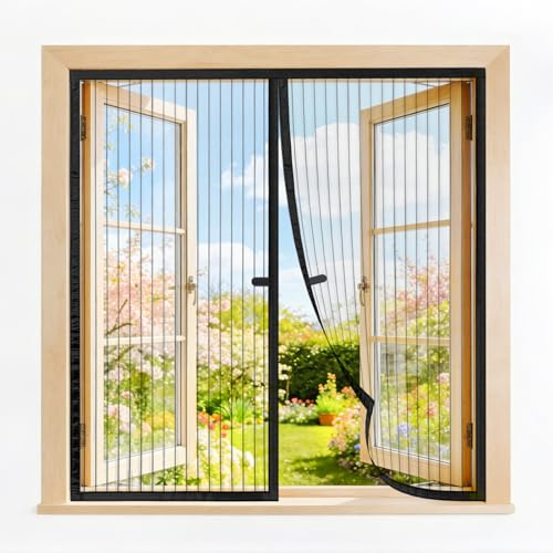 Sjldwtmt Magnet Fliegengitter Fenster 125x140cm Schwarz – Insektenschutz Fenster mit atmungsaktiver Masche und Mückenschutz, Reißfestes Polyester Netz, Ohne Bohren, Automatische Schließung